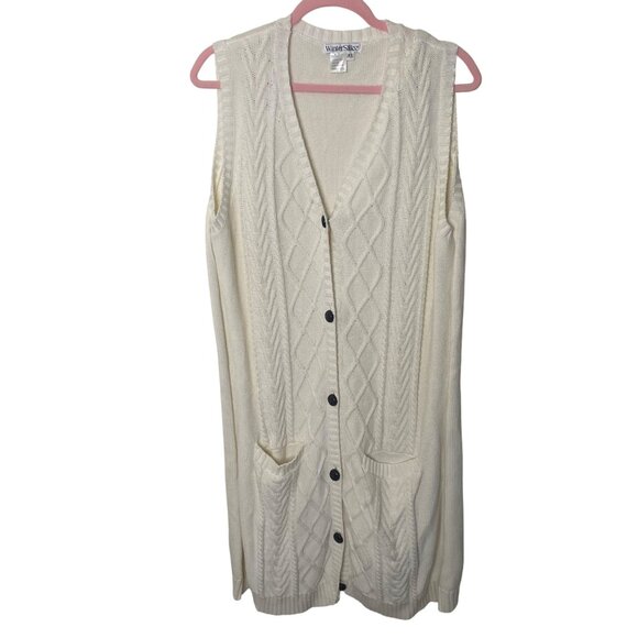 WinterSilks Cable Knit Cardigan Sweater Long  Womens XL White Cotton Sleeveless - Picture 1 of 8